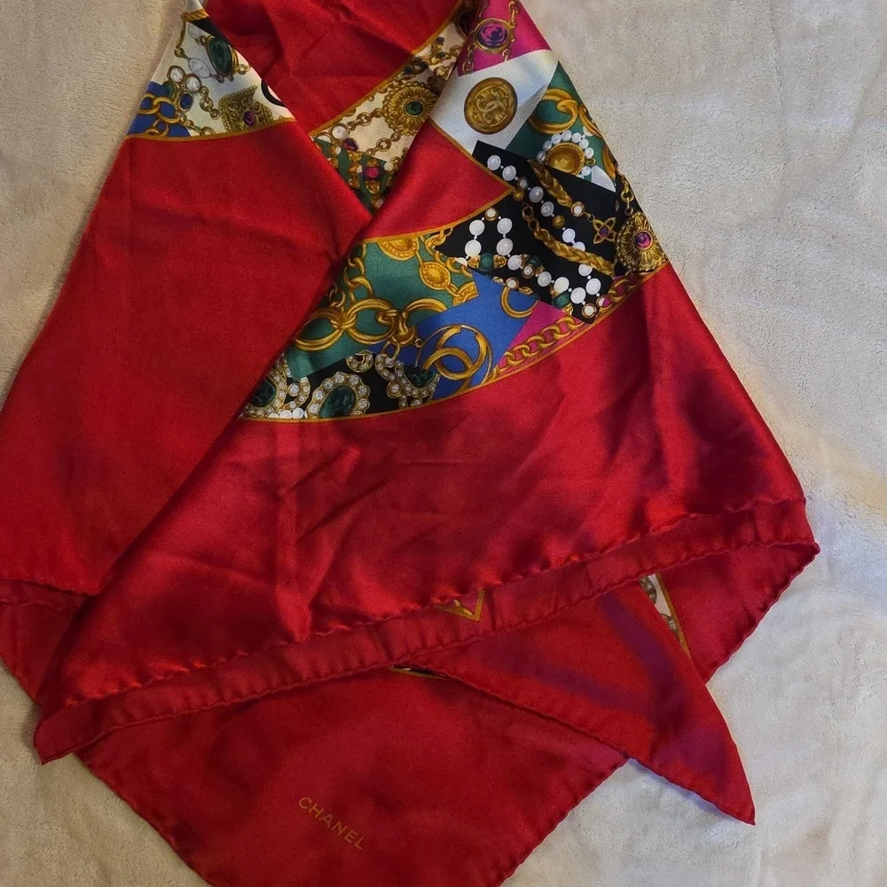 Chanel‎ Multicolor Silk Scarf with Red Base
